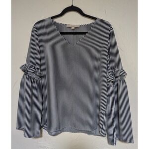Loft Women's‎ Long Sleeve Blouse S Navy/White Stripe Bell Ruffled Sleeves